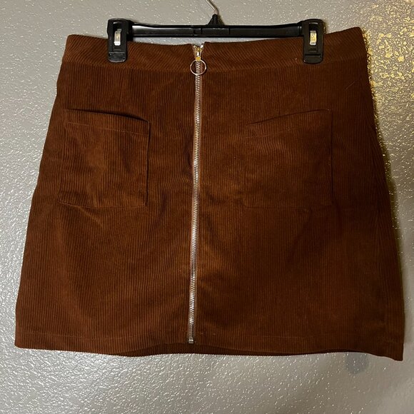 SHEIN Brown Corduroy Skirt XL Zip Front Mini Skirt with Pockets W34 L16 - Picture 4 of 4